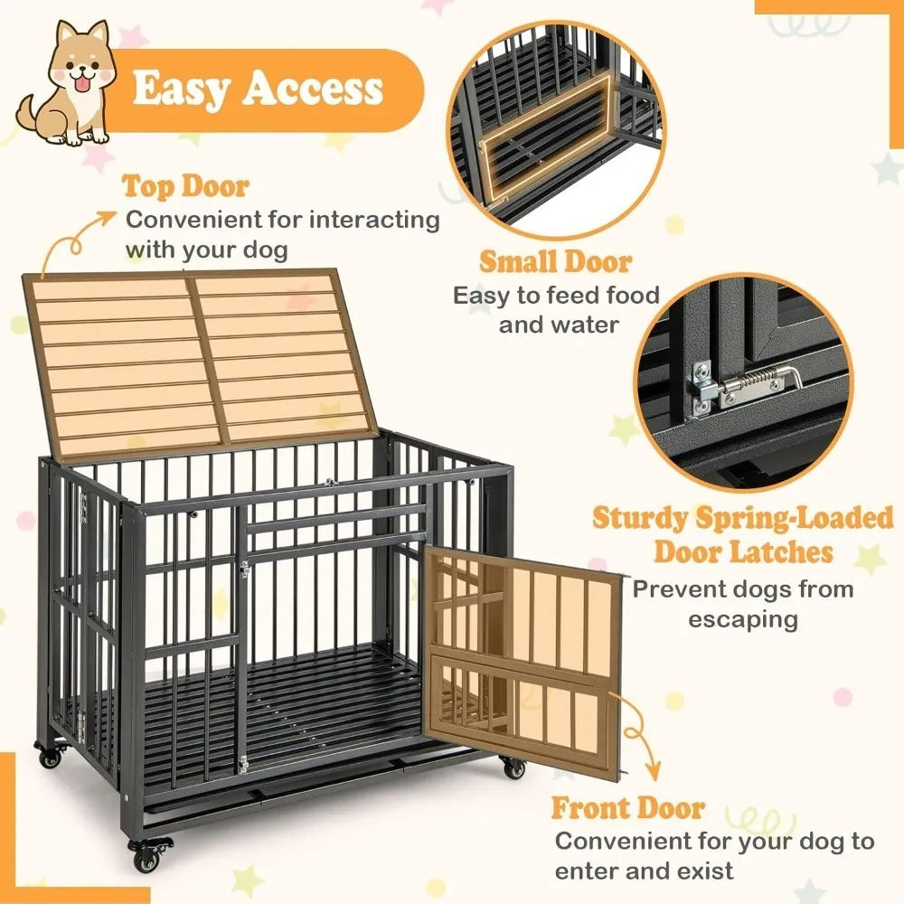 Foldable Metal Dog Crate - Heavy Duty Dog Cage with Top Doors, Feeding Access, Removable Tray, Lockable Wheels