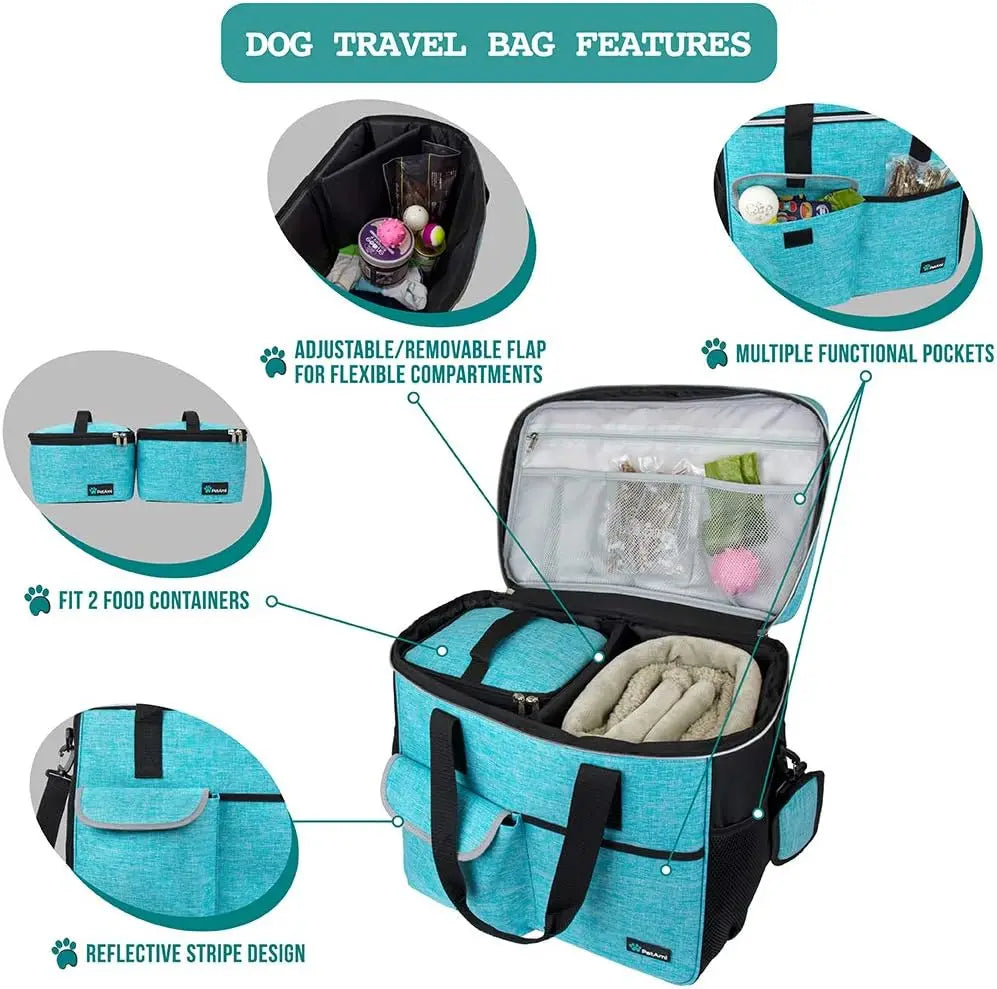 Pet Travel Bag Organizer for Dog & Cat, Large Diaper Bag with Food Container and Bowls, Perfect for Camping