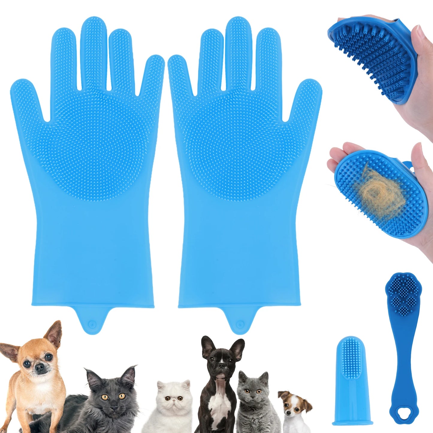 6PCS Pet Grooming Kit Silicone Dog Washing Gloves Dog Bath Brush Dog Toothbrush Finger Dog Shampoo Brush Dog Cat Bath Supplies