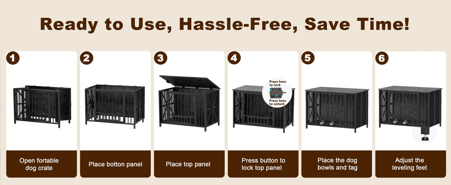 Foldable Large Dog Crate Furniture,31"/41.3"Assembly-Free Dog Crates for Large Dogs, Wooden Dog Kennel Indoor w/ Tag & Dog Bowls