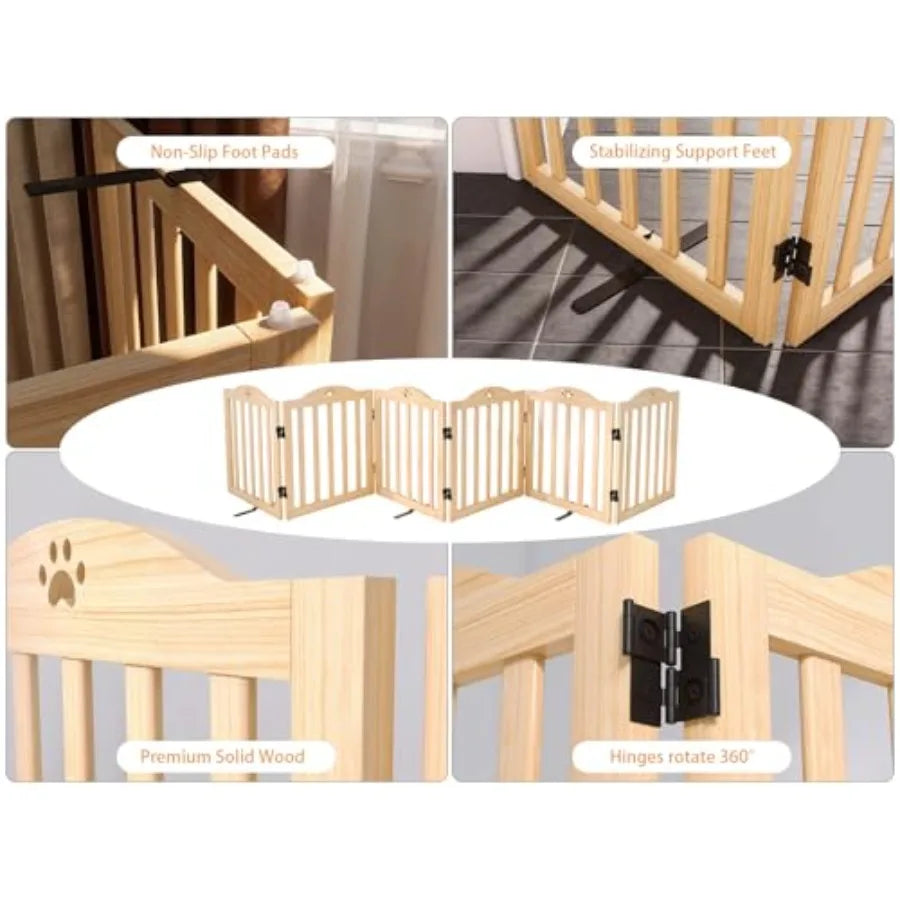 Foldable Wooden Dog Gate 23.6" Tall 6 Panels Indoor Puppy Gate Freestanding Pet Dog Fence No Assembly Portable Pet Barrier for
