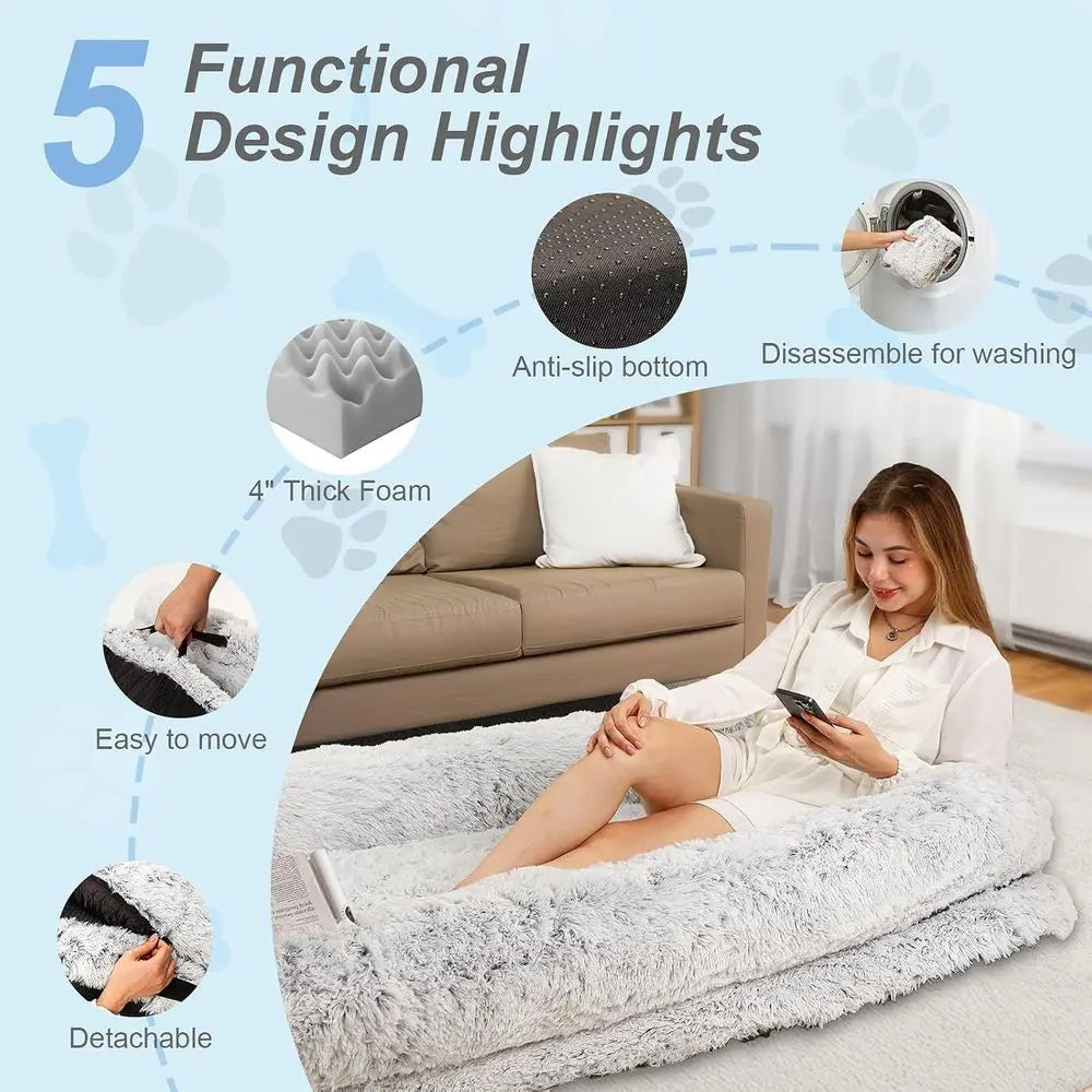 Large Orthopedic Dog Bed - XL 79x44x12.5 Faux Fur, Removable Washable Cover, Grey