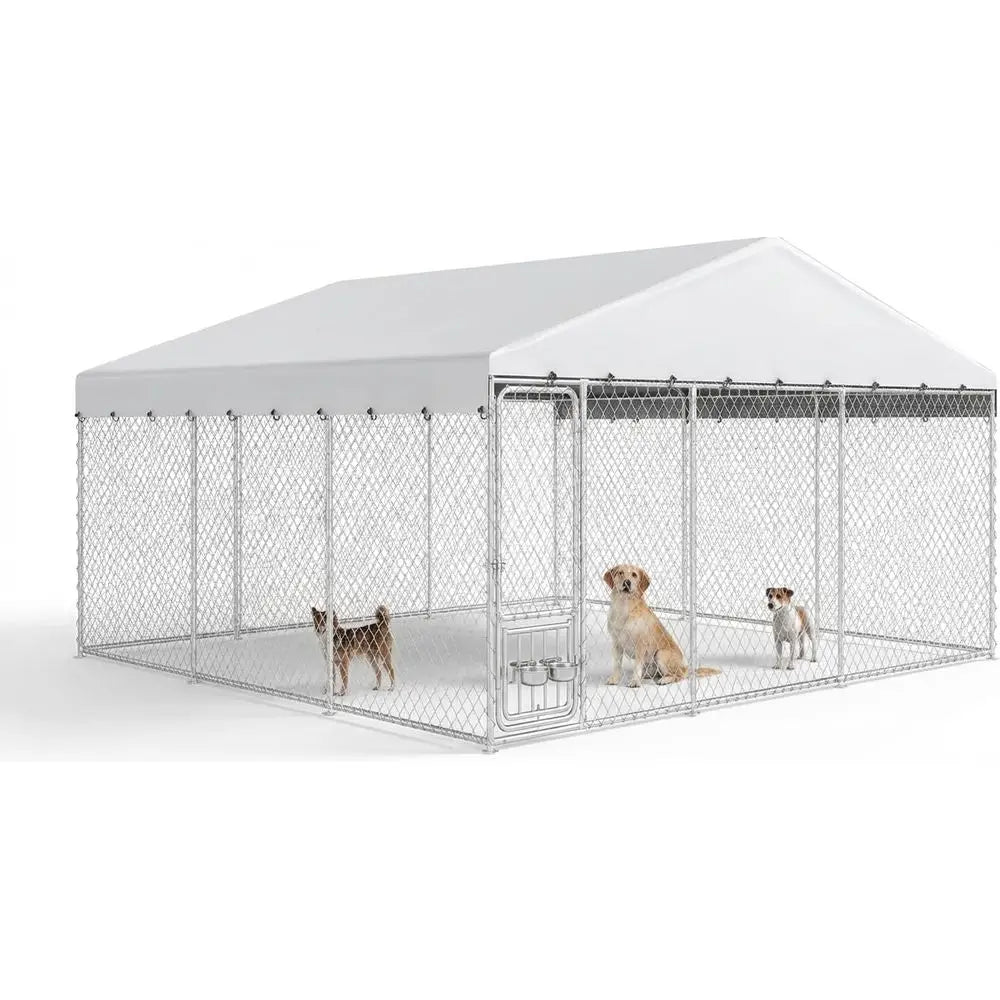 Outdoor Dog Kennel with Rotating eeder Bowls & UV-Resistant Waterproo Cover, 14.8×14.8×7.9T Outside Dog Enclosure or Yard, Heavy