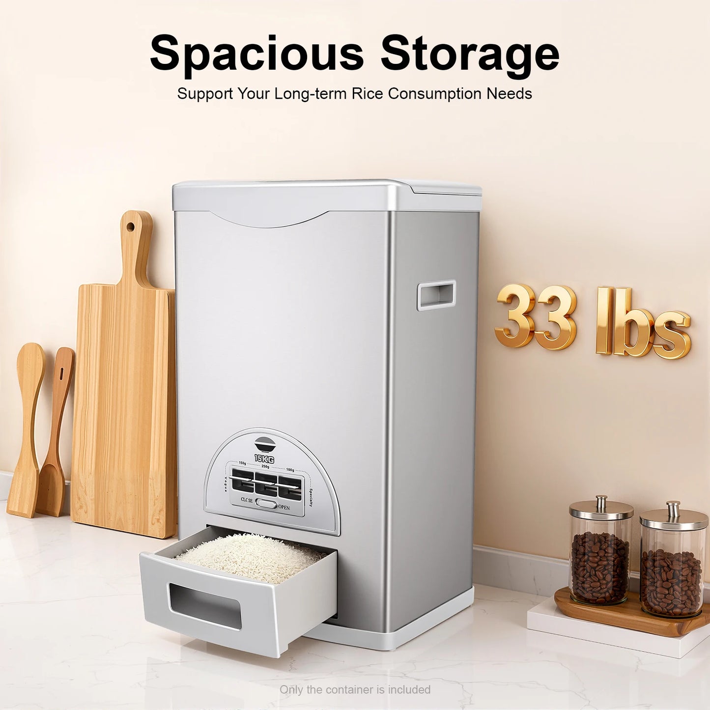 NEW Silver Rice Dispenser, Rice Storage Container, Stainless Steel Rice Container 15kg/33 Lbs Capacity for Homes