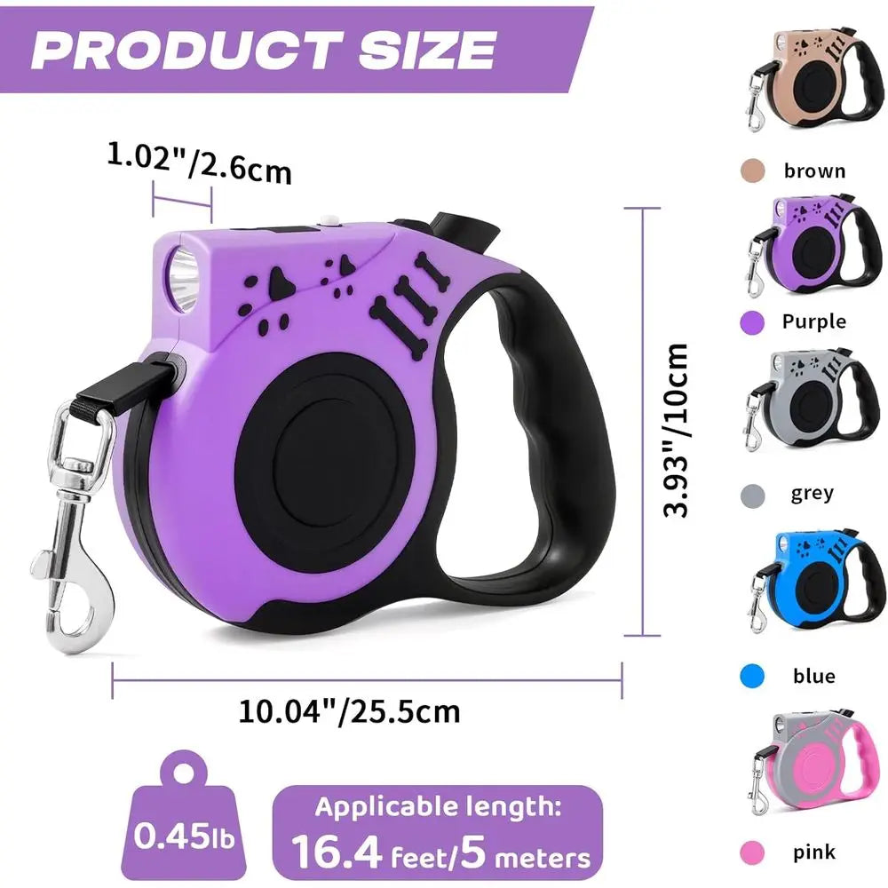 Retractable Dog Leash with USB Rechargeable Flashlight for Night Walks, 16ft Automatic Tractor Leash for Small and Medium Dogs