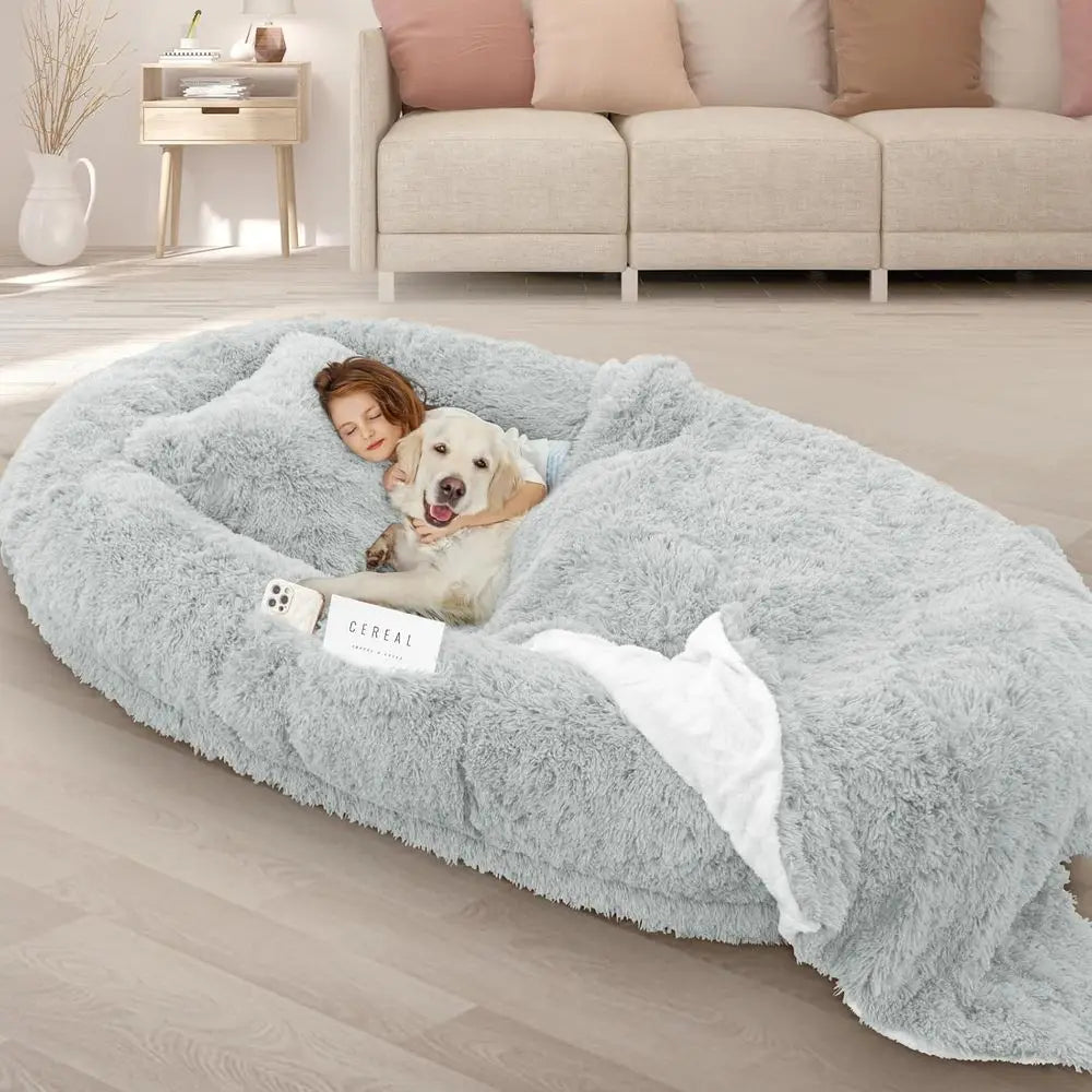 Oversized 71x45x12 Grey Memory Foam Dog Bed with Pillow, Blanket & Strap for Adults and Large Pets,