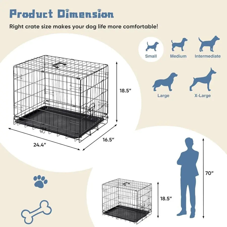 Dog Crate, 24 Inch Small Single Door Dog Cage with Plastic LeakProof Pan Tray, Folding Metal Wire Pet Kennel for Indoor, Outdoor