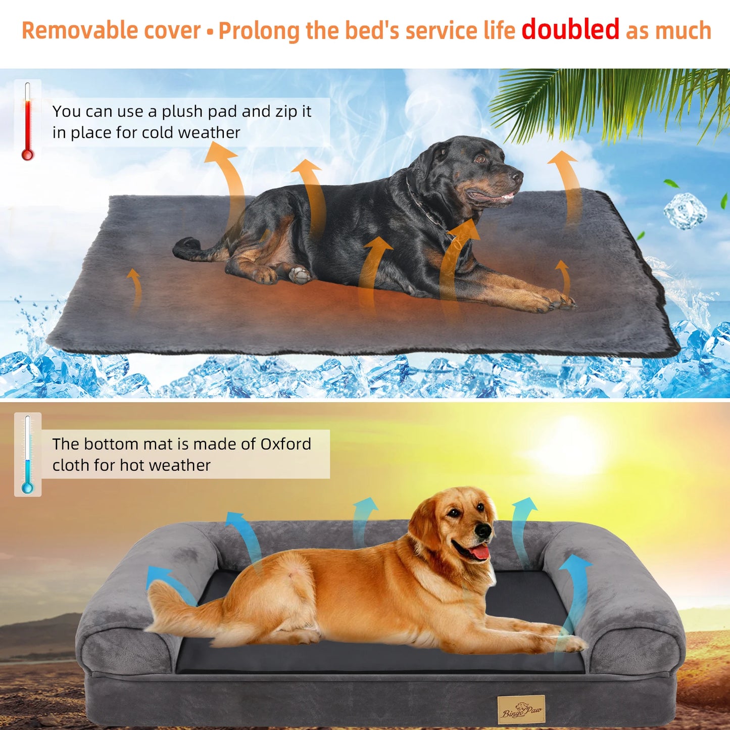 Extra Large Sofa-Style Dog Bed with Bolster Waterproof Cover Sponge Foam Base Cozy Pet Crate Bed Couch Bedding