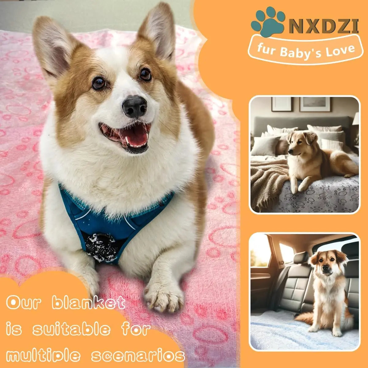 3 Pack Soft Fuzzy Dog Blankets, 23"x16" Washable Pet Mat for Crate Bed, Cute Paw Print