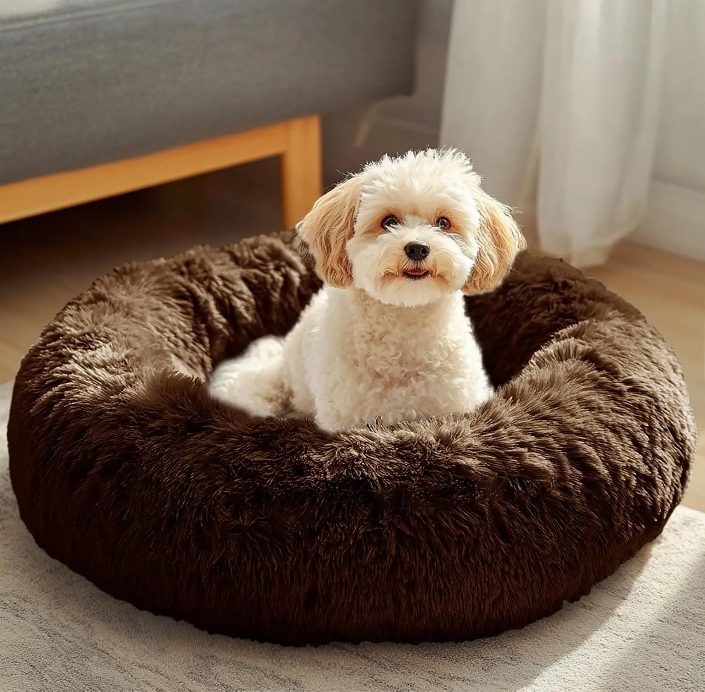 Small Dog Bed, Calming Soft Anti-Anxiety Donut Cat Bed, Washable Round Fluffy Cushion for Small and Medium Pets (20')
