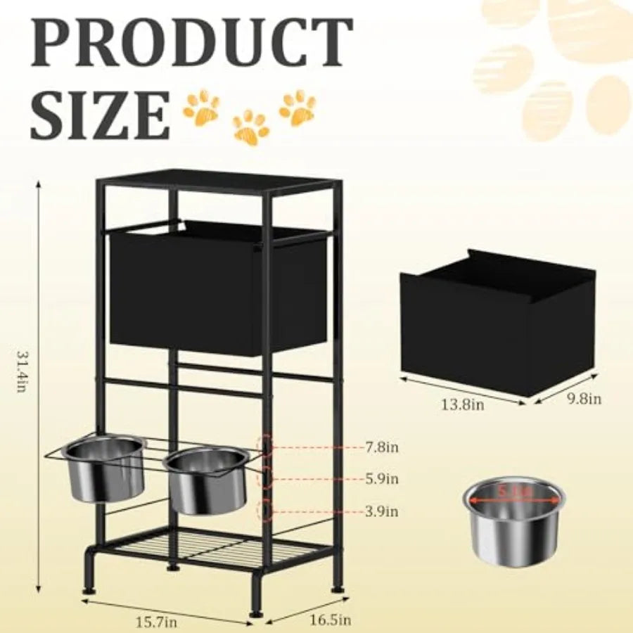 Elevated Dog Bowl Stand with 3-Tier Storage 3 Adjustable Heights Raised Dog Feeding Station with Basket and Shelves