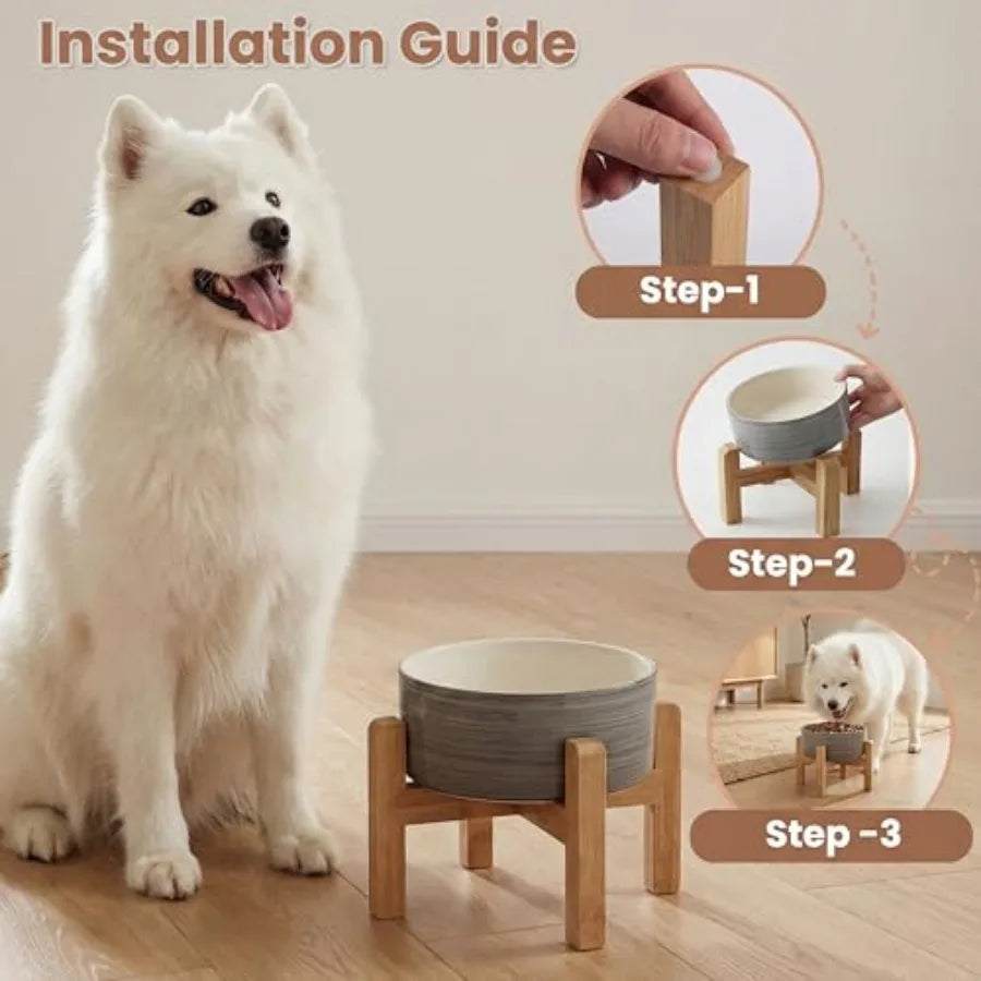 Elevated Ceramic Dog Bowl with Bamboo Stand Raised Pet Feeding Station for Small Medium Dogs Cats Modern Design with Anti-Slip