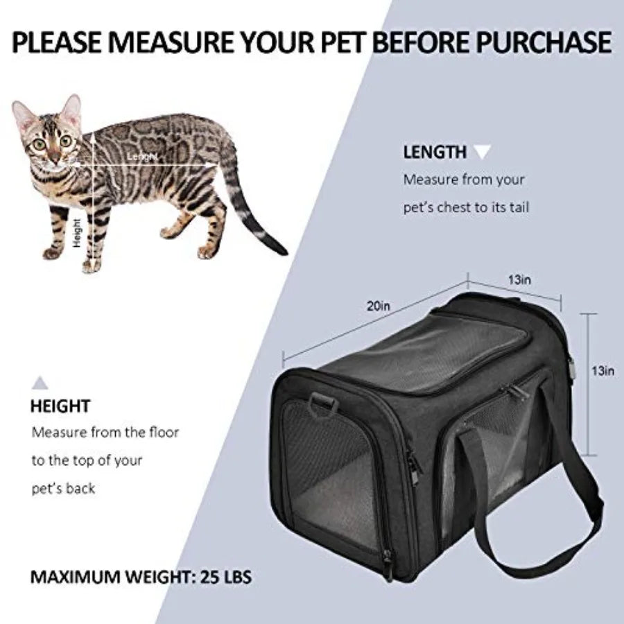 Large Soft Sided Pet Carrier for Cats and Puppies up to 25Lbs - Collapsible Waterproof Travel Carrier - Black