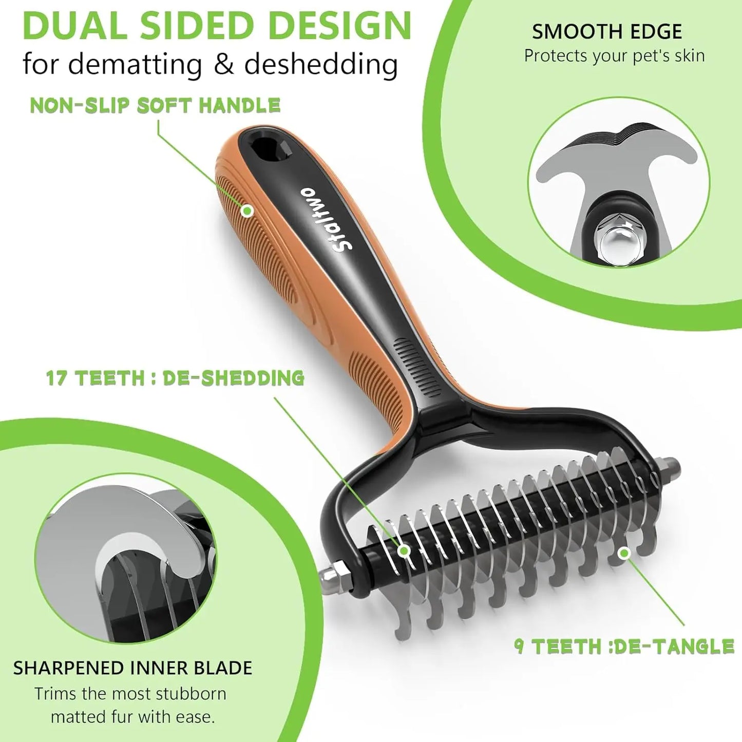 2-in-1 Deshedding Dog Brush for Shedding - Undercoat Rake & Pet Grooming Tool for Long-Haired Dogs and Cats, Knot Removal