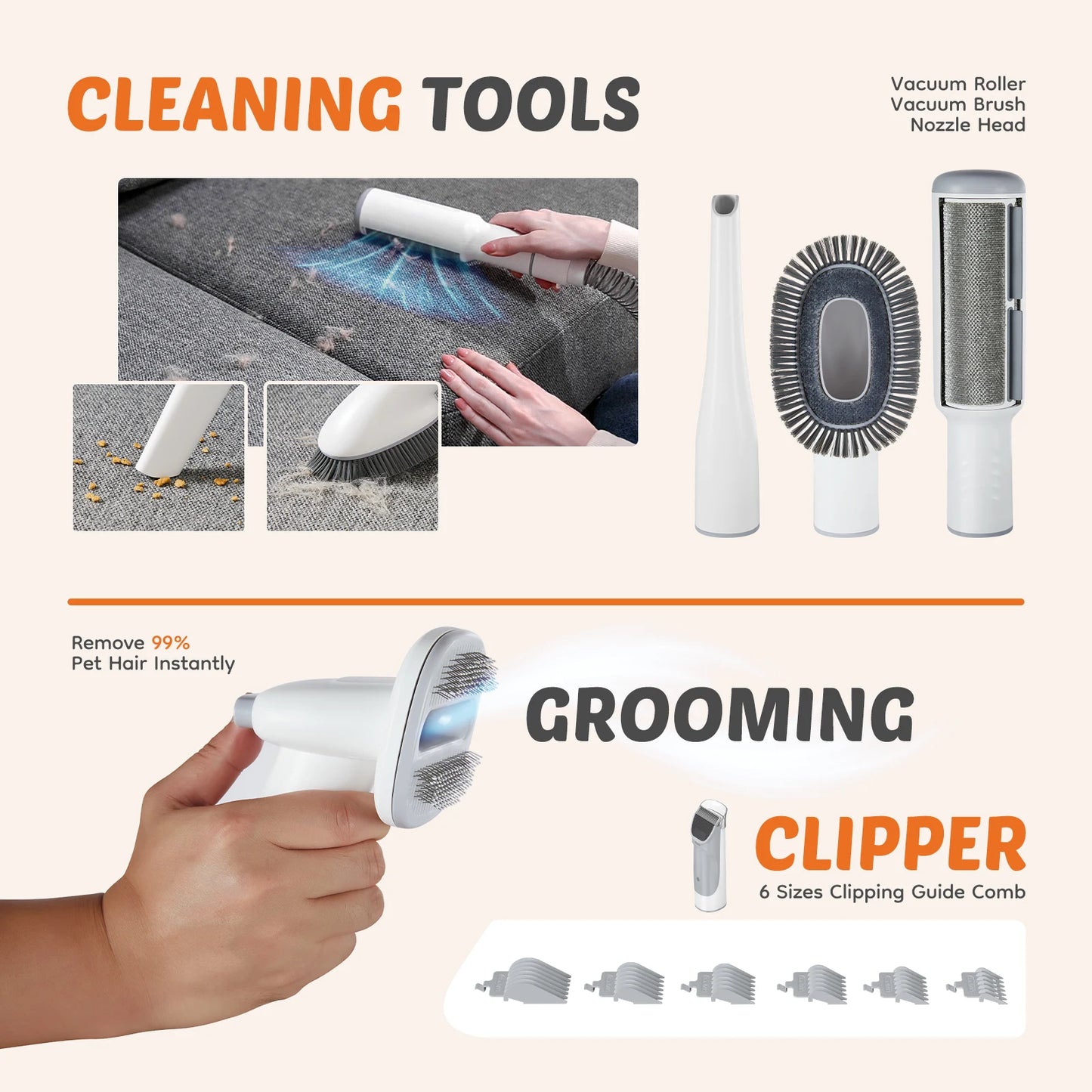 2.5L Professional Pet Grooming Vacuum Kit 3 Suction Modes and 5 Groomer Tools with Cordless Low Noise Dog Clippers