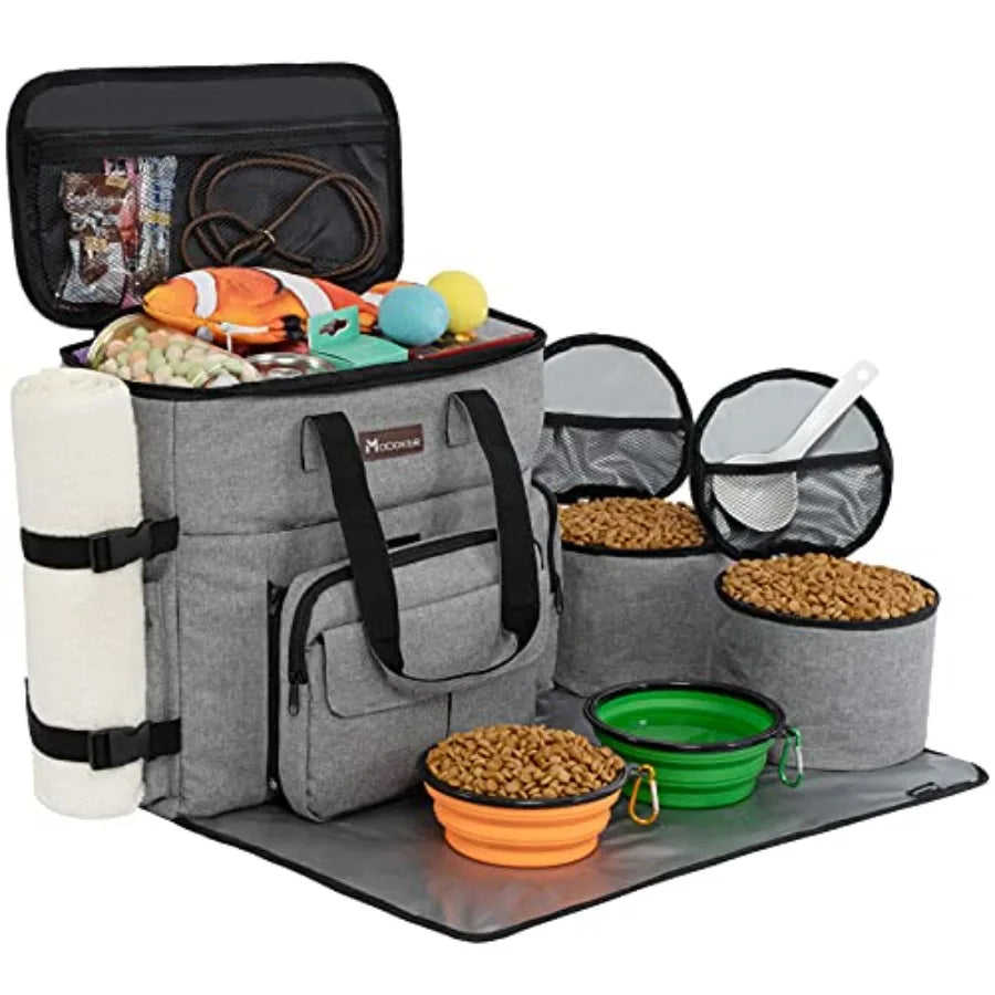 Dog Travel Bag, Weekend Pet Travel Set for Dog and Cat, Airline Approved Tote Organizer with Multi-Function Pockets, 2 Food Sto