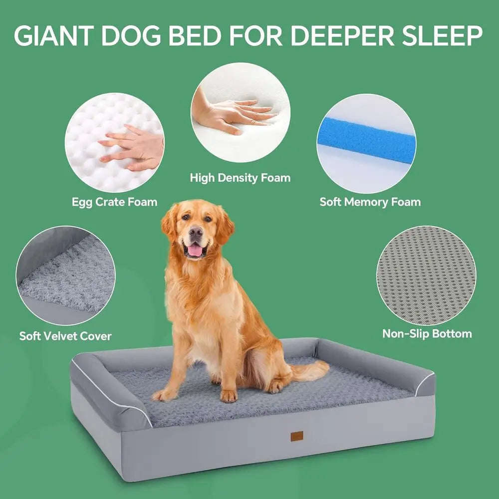 XXL Orthopedic Dog Bed with Double Memory Foam & Waterproof Cover for Large Dogs, Bolster for Joint Support & Comfort