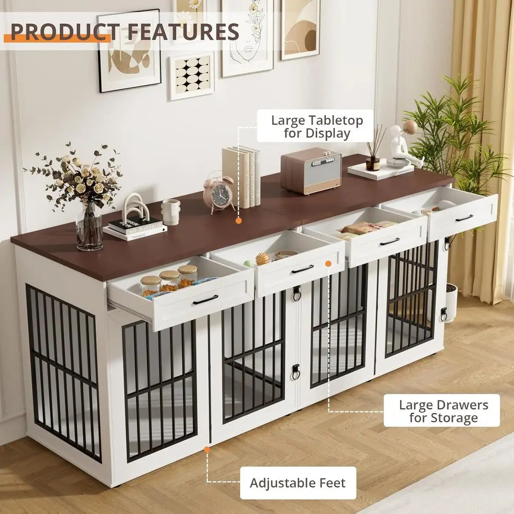 Extra Large Double Dog Cage Furniture with Removable Divider, Wooden Indoor Kennel for XXL Dogs, White/Brown