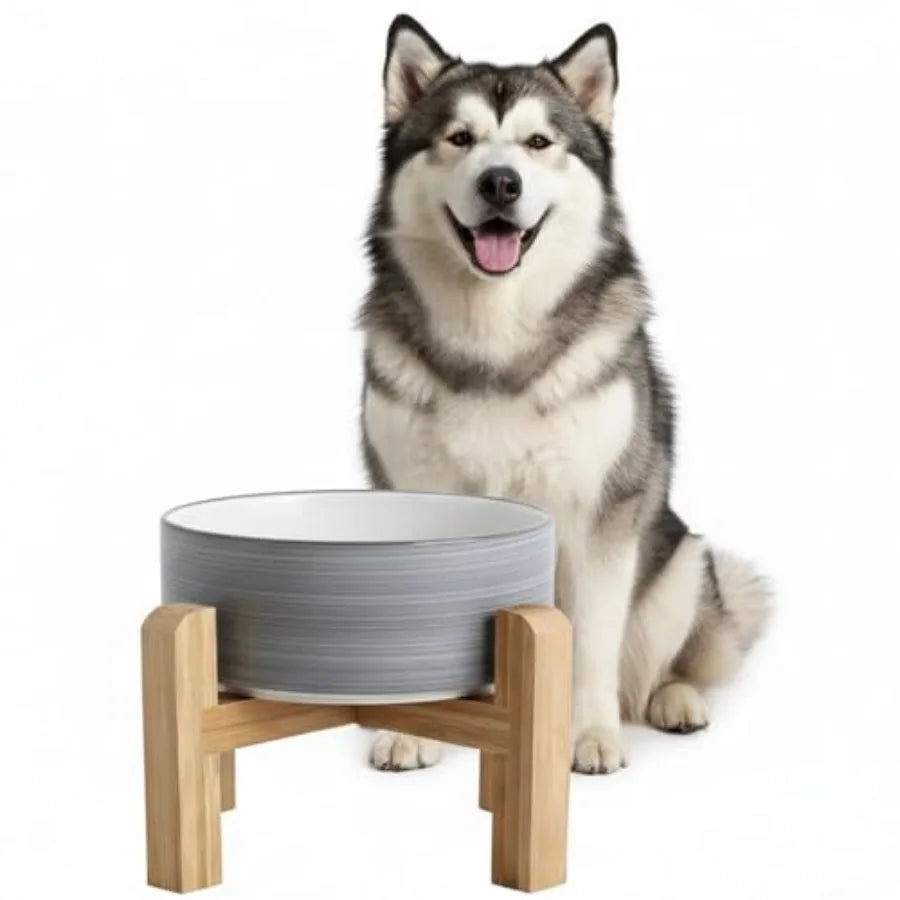 Elevated Ceramic Dog Bowl with Bamboo Stand Raised Pet Feeding Station for Small Medium Dogs Cats Modern Design with Anti-Slip