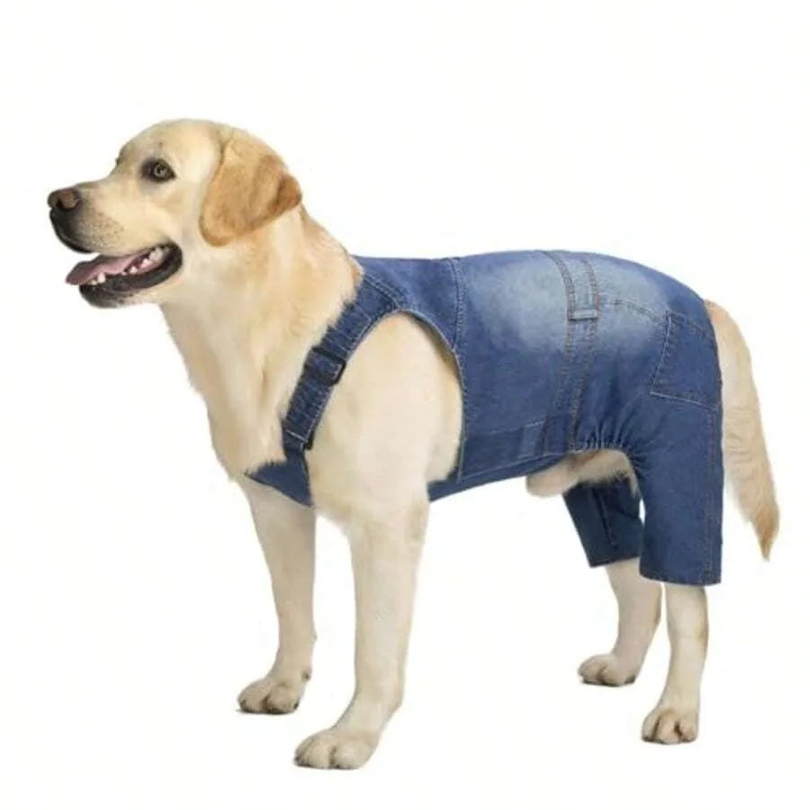 Classic Dog Jeans Overall For Medium Large Dogs Pet Denim Jumpsuit Clothes Costumes For All-Match Blue Vintage Washed