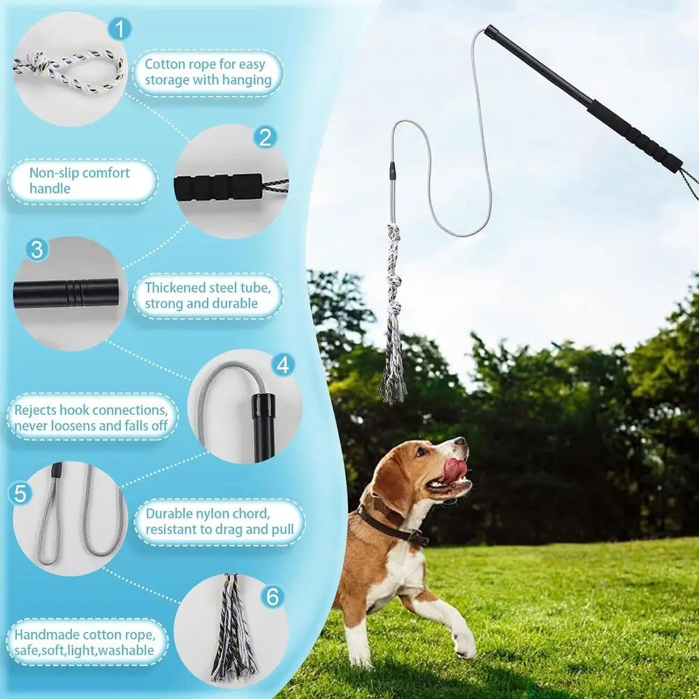 Interactive Flirt Pole, Chase and Tug o War Outdoor Dog Toys, Heavy Duty Dog Teaser Wand Chase Toys with Rope, Durable Stick Pole