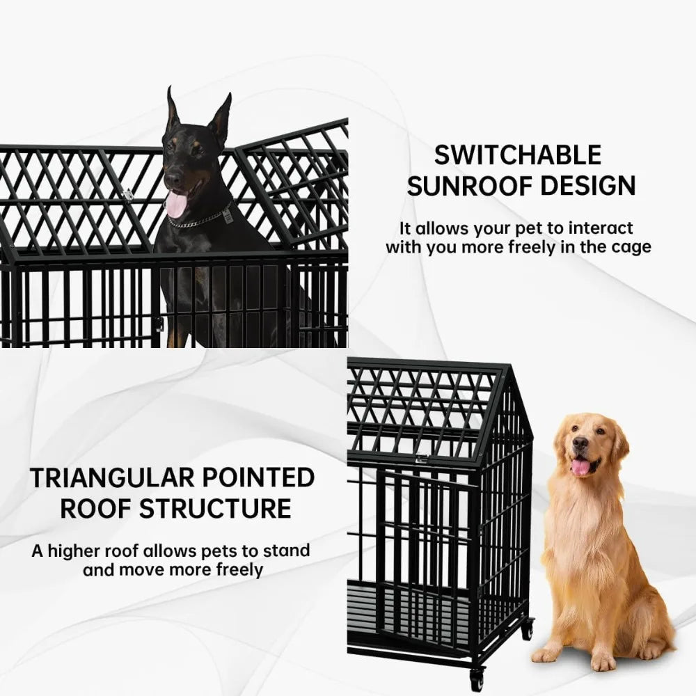 Dog Crate Large Dog, Strong Metal Dog Kennels  for Large Dogs Top Opening with 2 Doors 4 Lockable Wheels