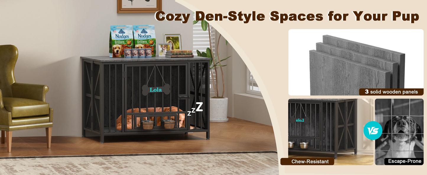 Foldable Large Dog Crate Furniture,31"/41.3"Assembly-Free Dog Crates for Large Dogs, Wooden Dog Kennel Indoor w/ Tag & Dog Bowls