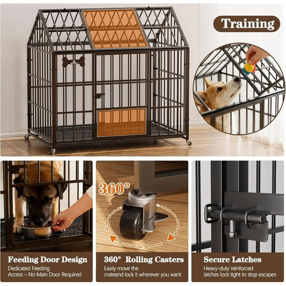 Heavy Duty Dog Crate 42 Inch,XL Large/Medium Pet Dog Cage Kennel Indoor,Steel Ese Proo Cage with Roo Top 2 DoRemovable Trays,Loc