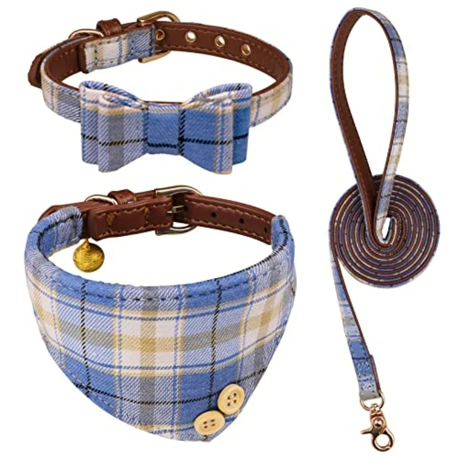 3 PCS Dog Collars for Small Puppy Collar and Leash Set, Bow Tie with Bell, Bandana Leather for Small Dogs Puppies and Cats