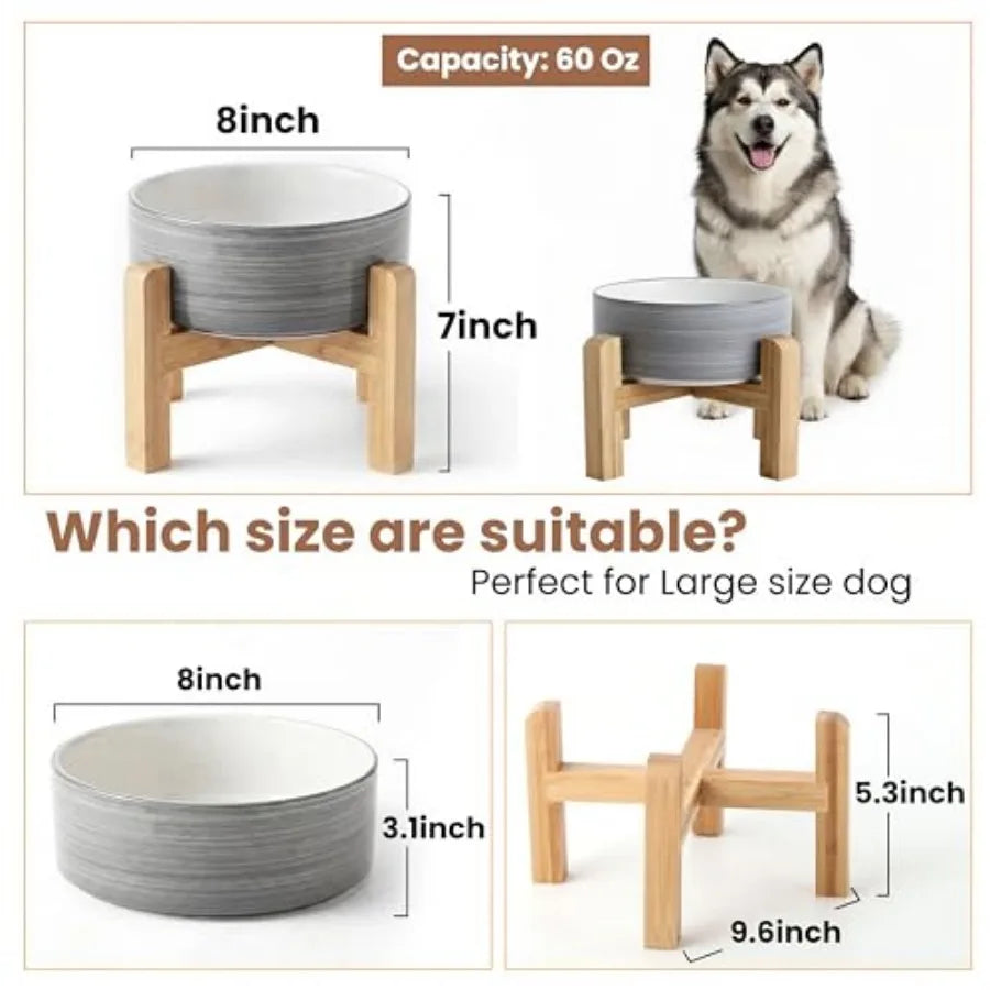 Elevated Ceramic Dog Bowl with Bamboo Stand Raised Pet Feeding Station for Small Medium Dogs Cats Modern Design with Anti-Slip
