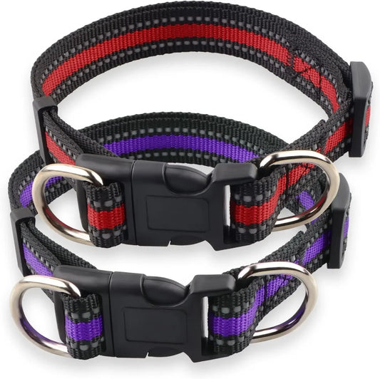 Highly Reflective Adjustable Dog Collar with Dual Metal D-Rings - Classic Colors for Small/Medium Dogs, 2-Pack (Red and Violet,M)
