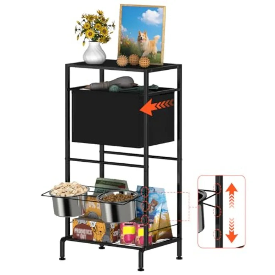 Elevated Dog Bowl Stand with 3-Tier Storage 3 Adjustable Heights Raised Dog Feeding Station with Basket and Shelves