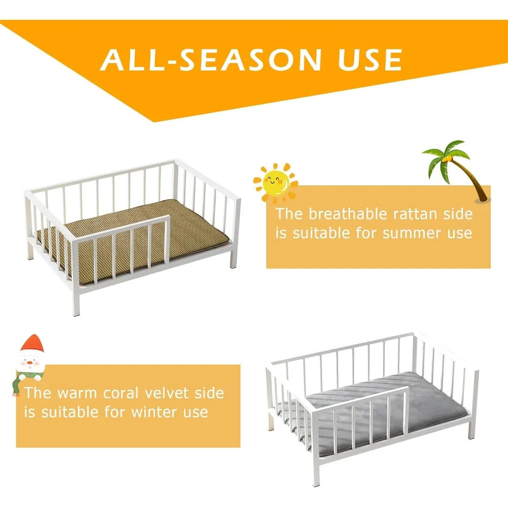 Elevated Dog Bed with Rails, Metal Frame & Solid Wood, Washable Mat, Medium 25.2x37.8 in, White
