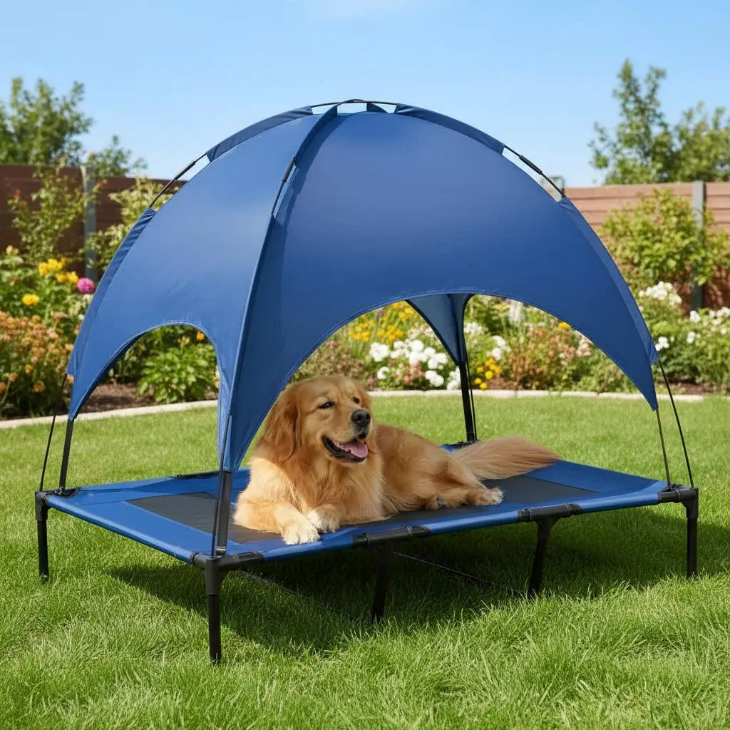 Raised Dog Bed Waterproof Elevated Pet Cot with Breathable Mesh UV Protection Canopy Blue, for XL Dogs, 122 x 92 x 108cm
