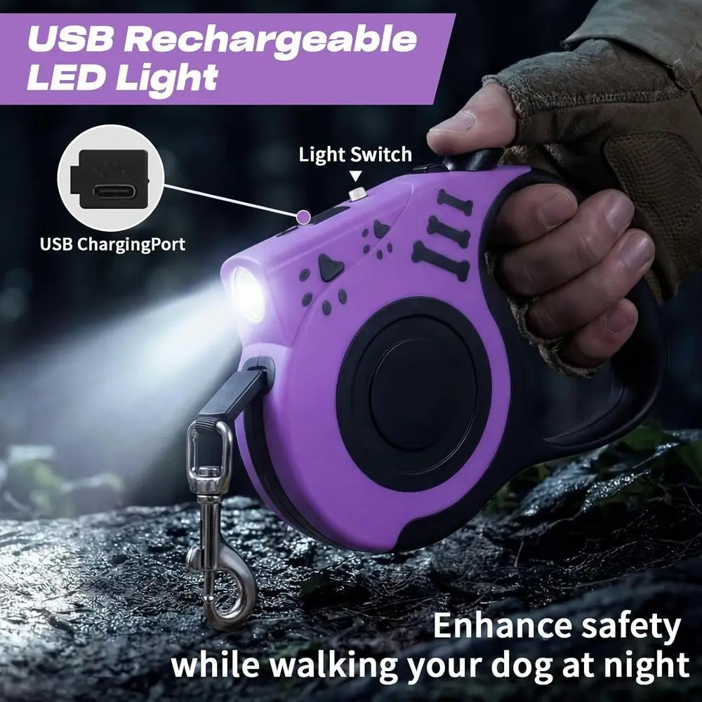 Retractable Dog Leash with USB Rechargeable Flashlight for Night Walks, 16ft Automatic Tractor Leash for Small and Medium Dogs
