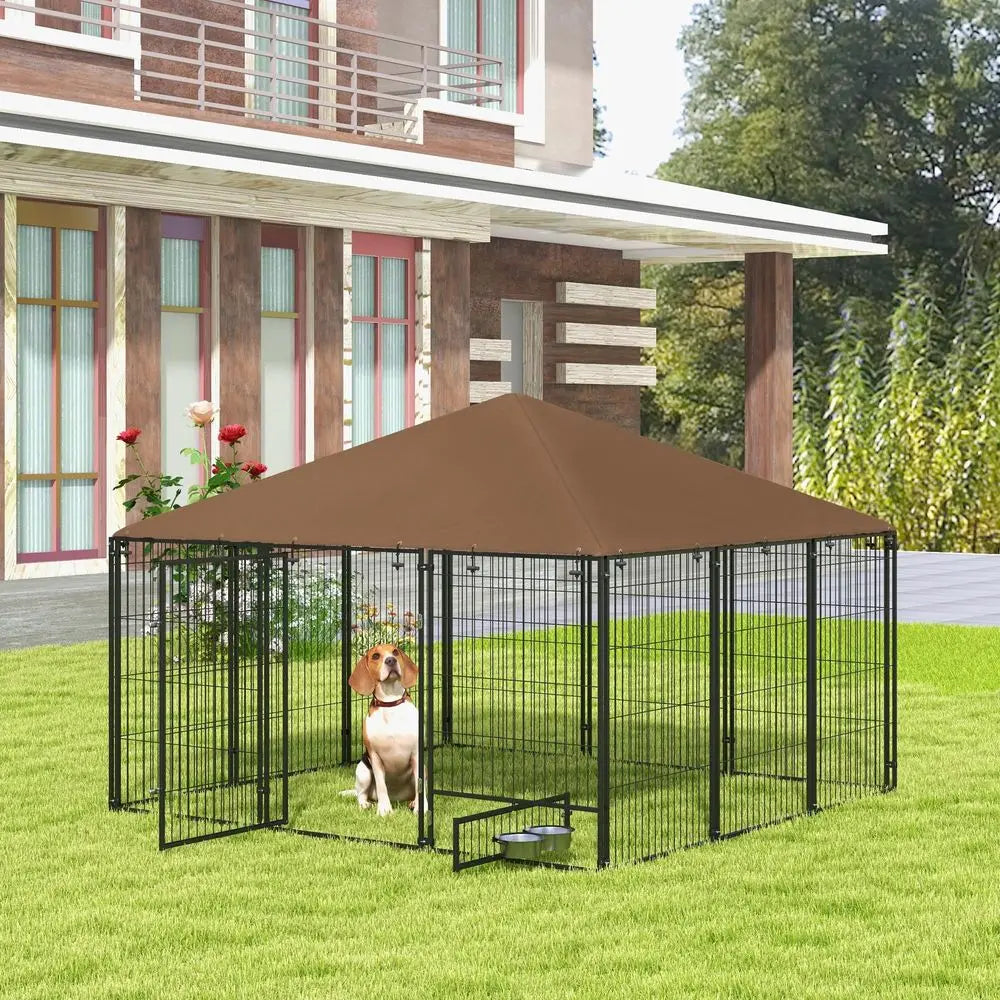 Outside Dog Kennel, 7 x 7 x 5 Puppy Play Pen with Canopy, Garden Playpen Fence Crate Enclosure Cage Rotating Bowl, for Dogs,