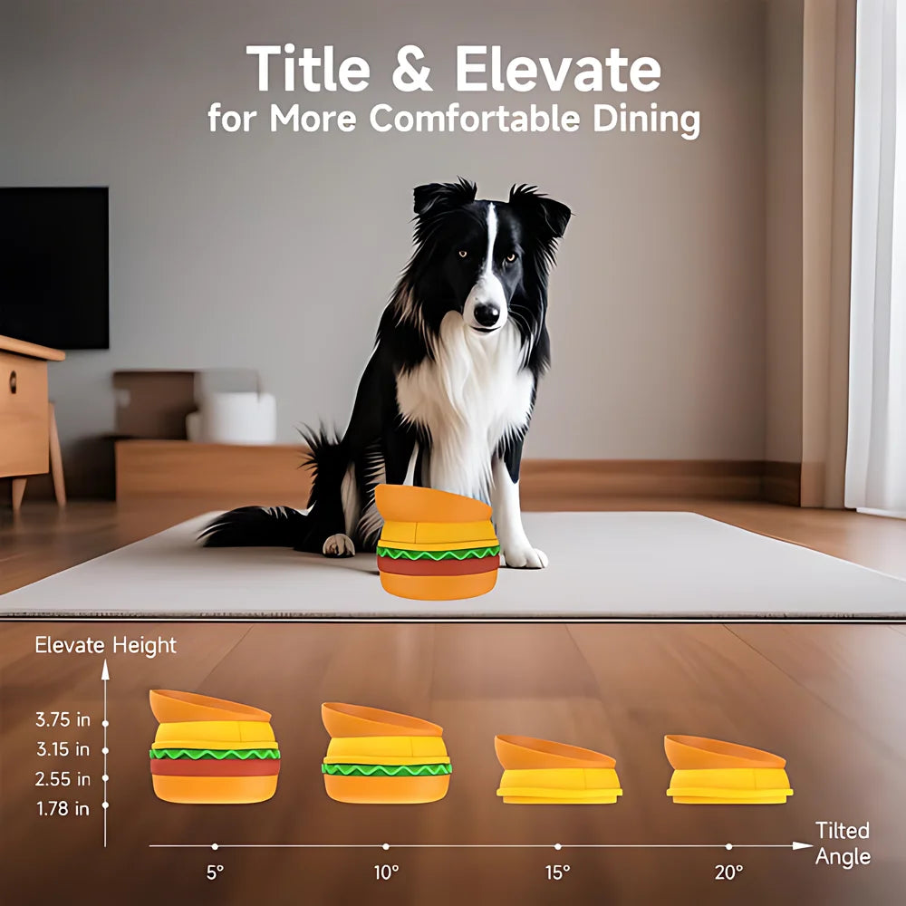 5-in-1 Burger Pet Bowls Set - Tilted Bowl, Elevated Bowl, Slow Feeder, Lick Mat, Non-slip Bowl for Dog/Cat Small to Medium Pets