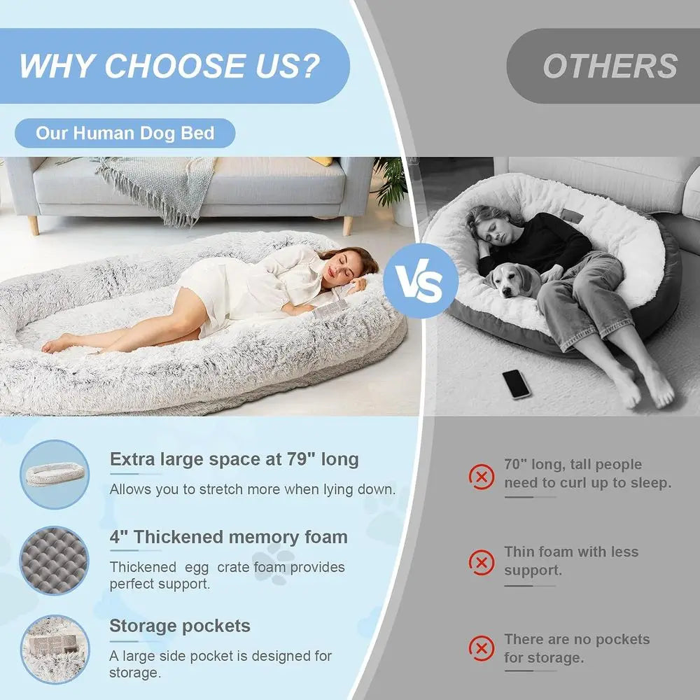 Large Orthopedic Dog Bed - XL 79x44x12.5 Faux Fur, Removable Washable Cover, Grey