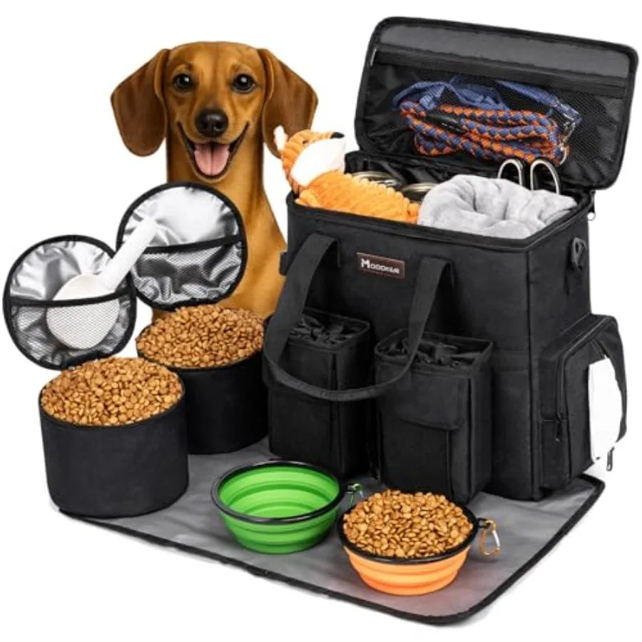 Dog Travel Bag, Weekend Pet Travel Set for Dog and Cat, Airline Approved Tote Organizer with Multi-Function Pockets, 2 Food Sto