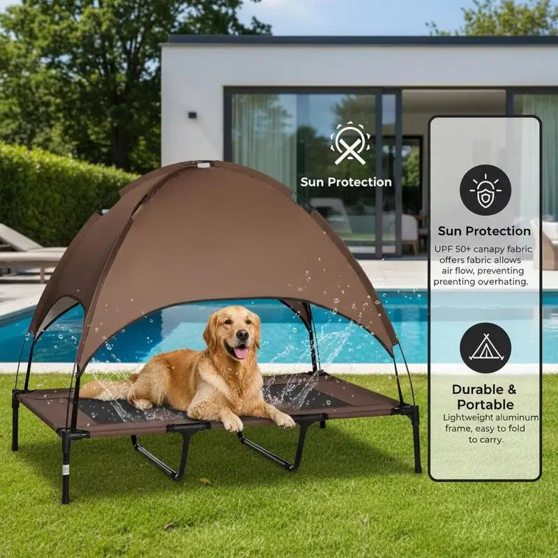 Raised Dog Bed Waterproof Elevated Pet Cot with Breathable Mesh UV Protection Canopy Brown, for XL Dogs, 122 x 92 x 108cm