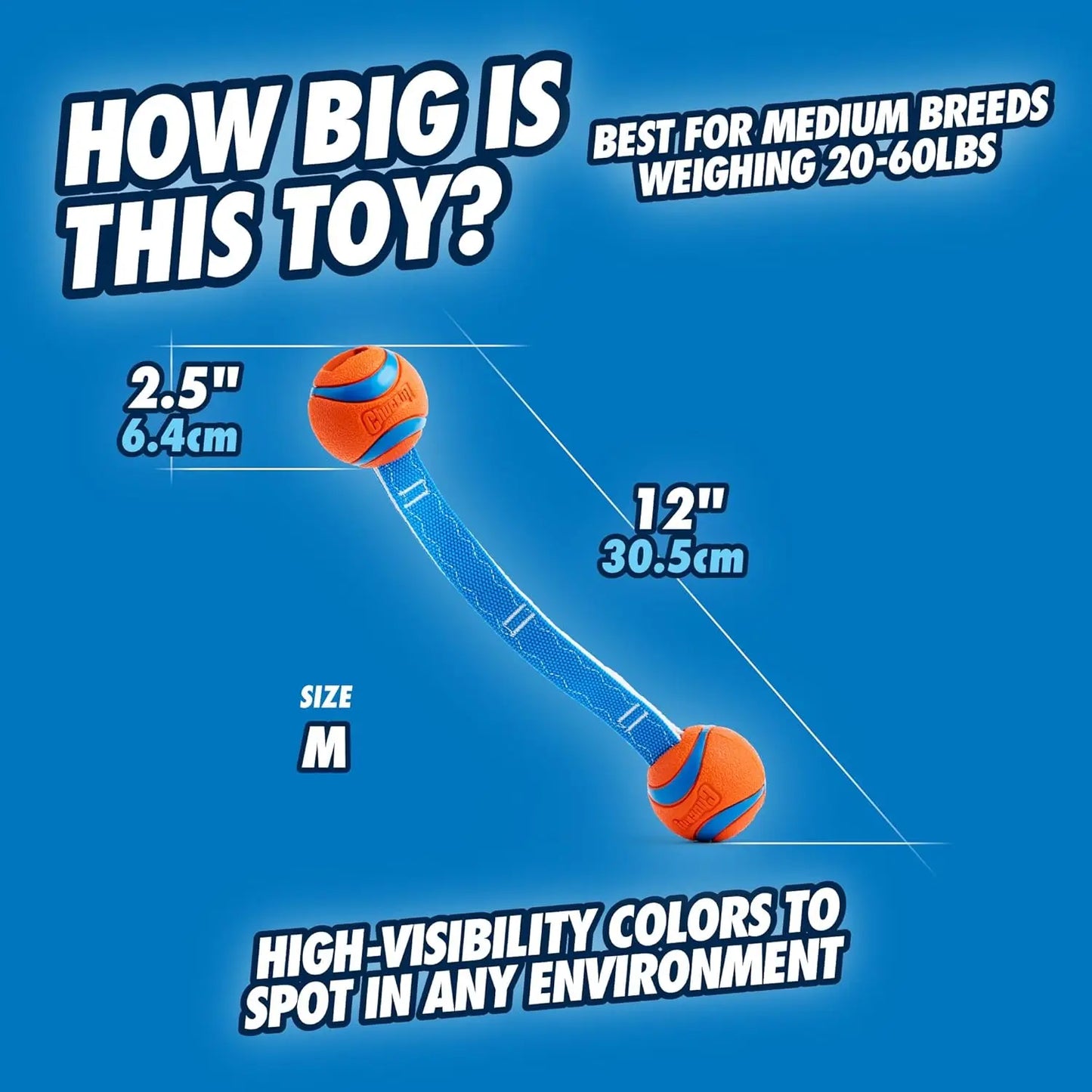 Durable Dog Toy with Two Balls on Nylon Cord for Fetch and Tug-of-War, Medium Size for Breeds 20-60 lbs, Orange and Blue
