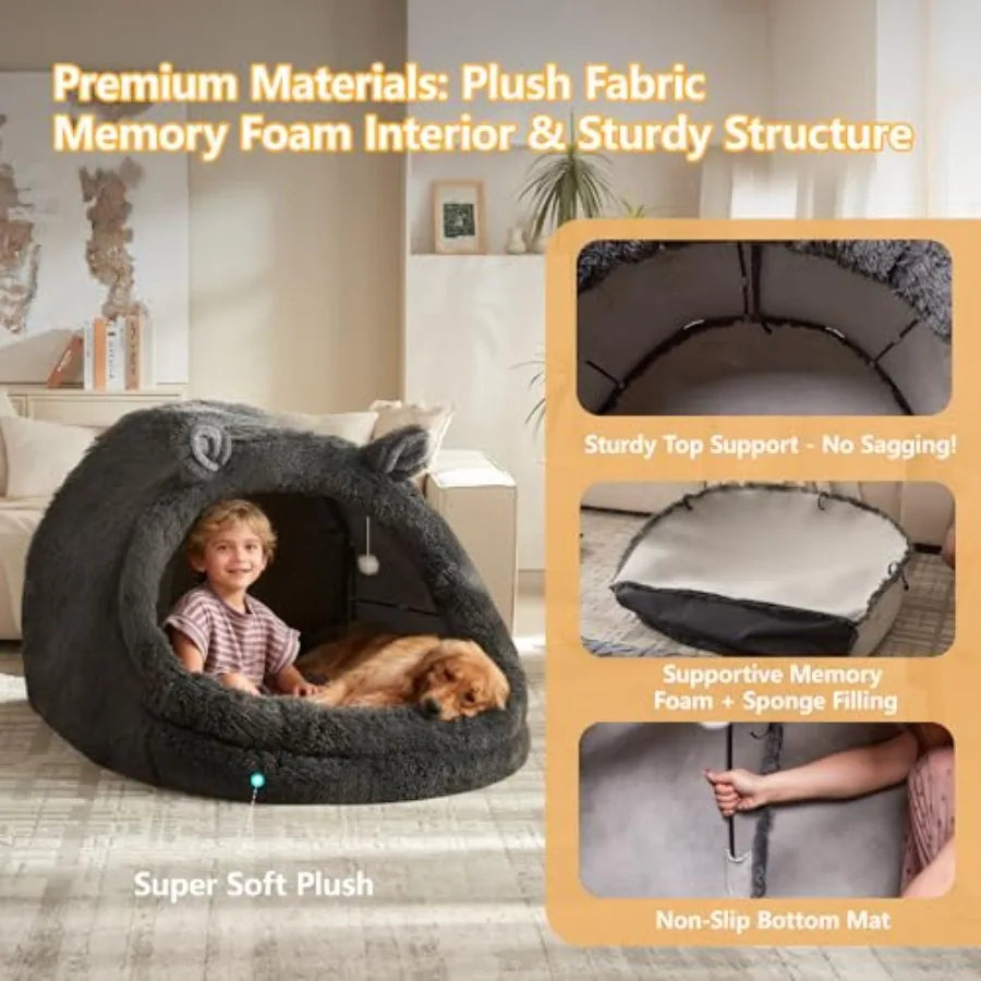 Jumbo Plush Pet Bed with Canopy - Extra Large 55x43x35 Gray Fluffy Dog Cat Bed for Humans Pets Removable Pillow Blanket Machine