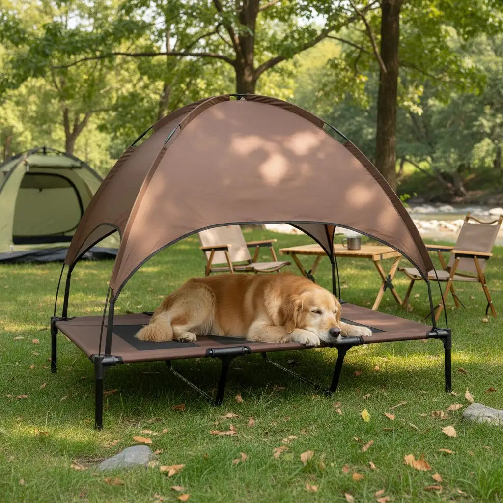 Raised Dog Bed Waterproof Elevated Pet Cot with Breathable Mesh UV Protection Canopy Brown, for XL Dogs, 122 x 92 x 108cm