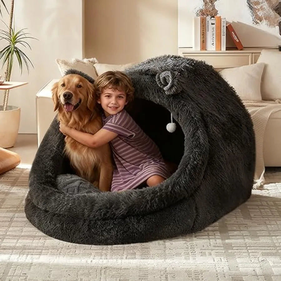 Jumbo Plush Pet Bed with Canopy - Extra Large 55x43x35 Gray Fluffy Dog Cat Bed for Humans Pets Removable Pillow Blanket Machine
