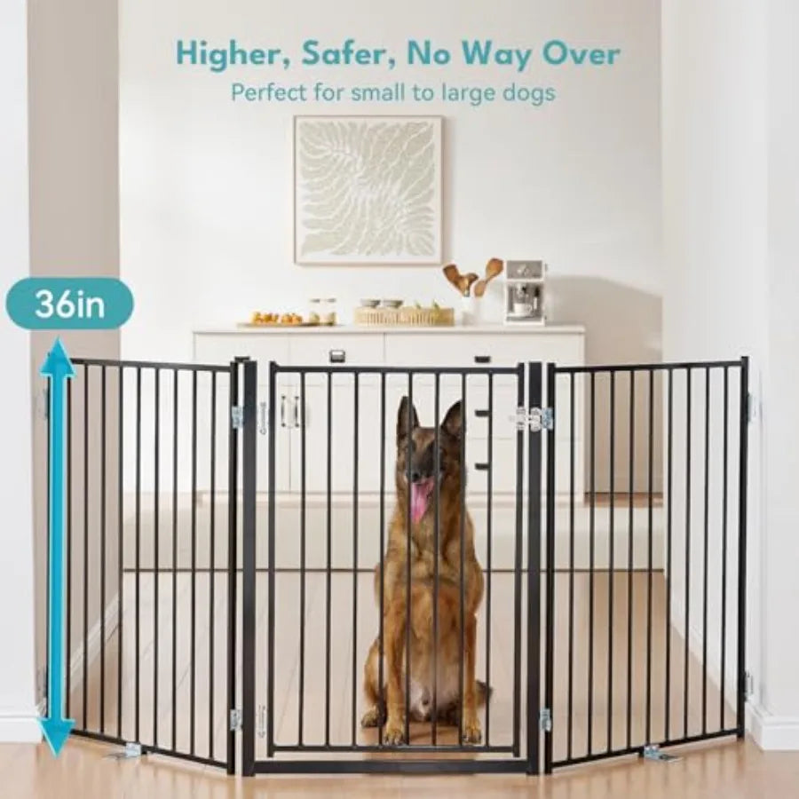 Free Standing Dog Gate with Door 36'' Tall Foldable Dog Fence for Indoor and Outdoor Up to 78 Inch Extra Wide Puppy Gate for St