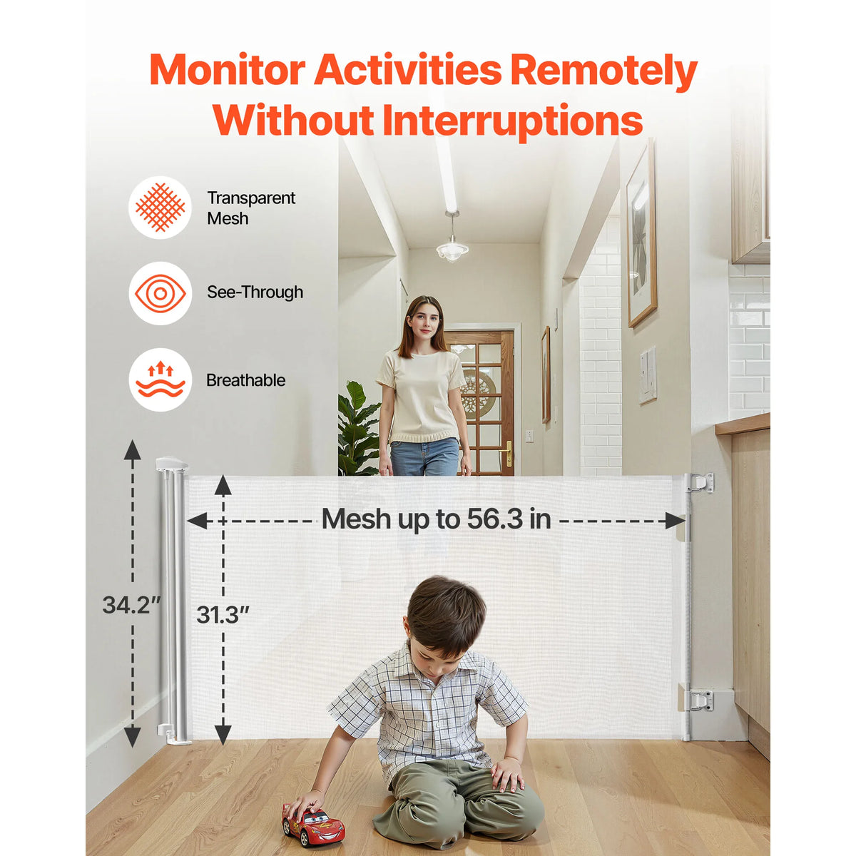 Retractable Baby Gate with Security Lock Walk Through Without Tripping Mesh Dog Gate for Stairs Hallways Indoor/Outdoor
