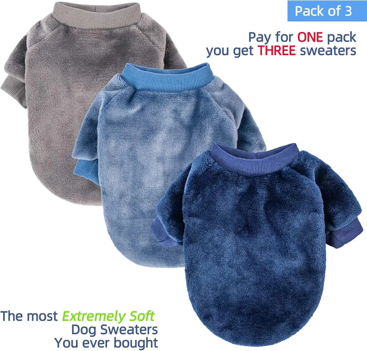 Dog Sweater 3-Pack Ultra Soft Warm Pet Jackets for Small Dogs Cats Winter Apparel with Grey Blue Dark Blue