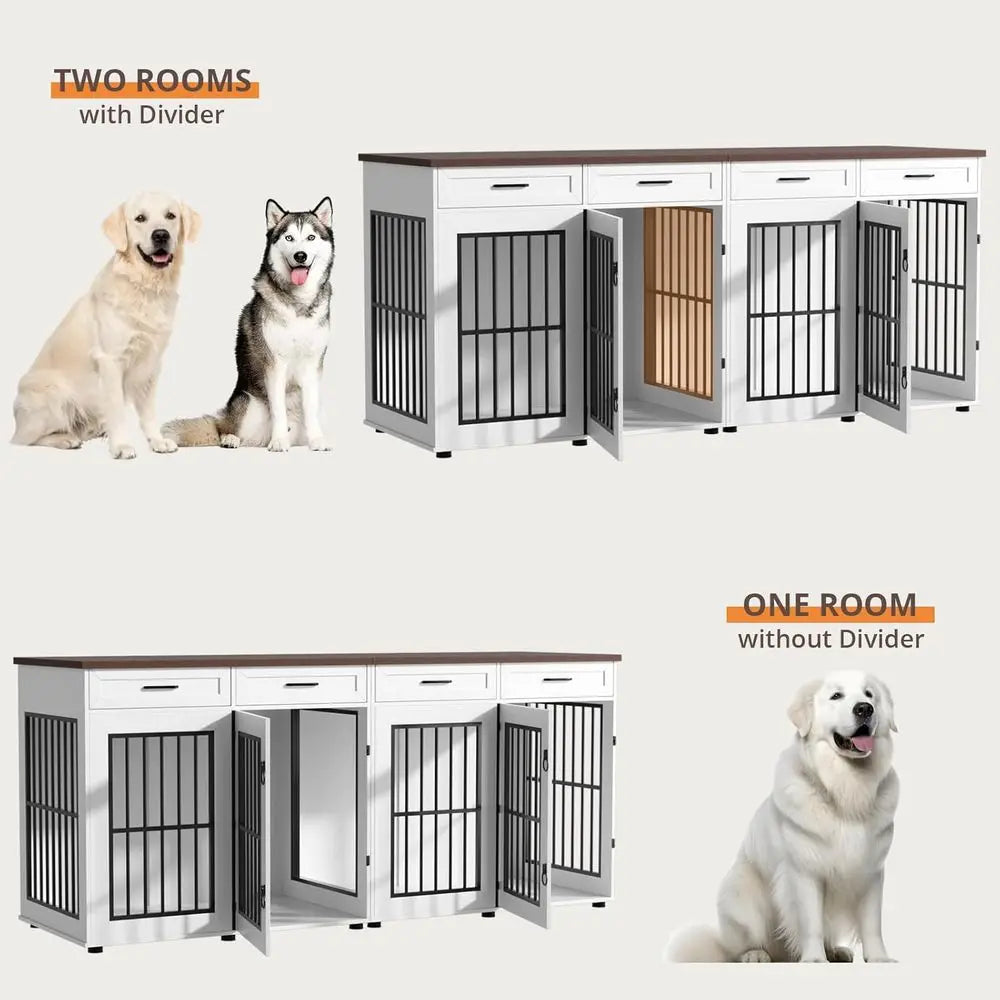 Extra Large Double Dog Cage Furniture with Removable Divider, Wooden Indoor Kennel for XXL Dogs, White/Brown