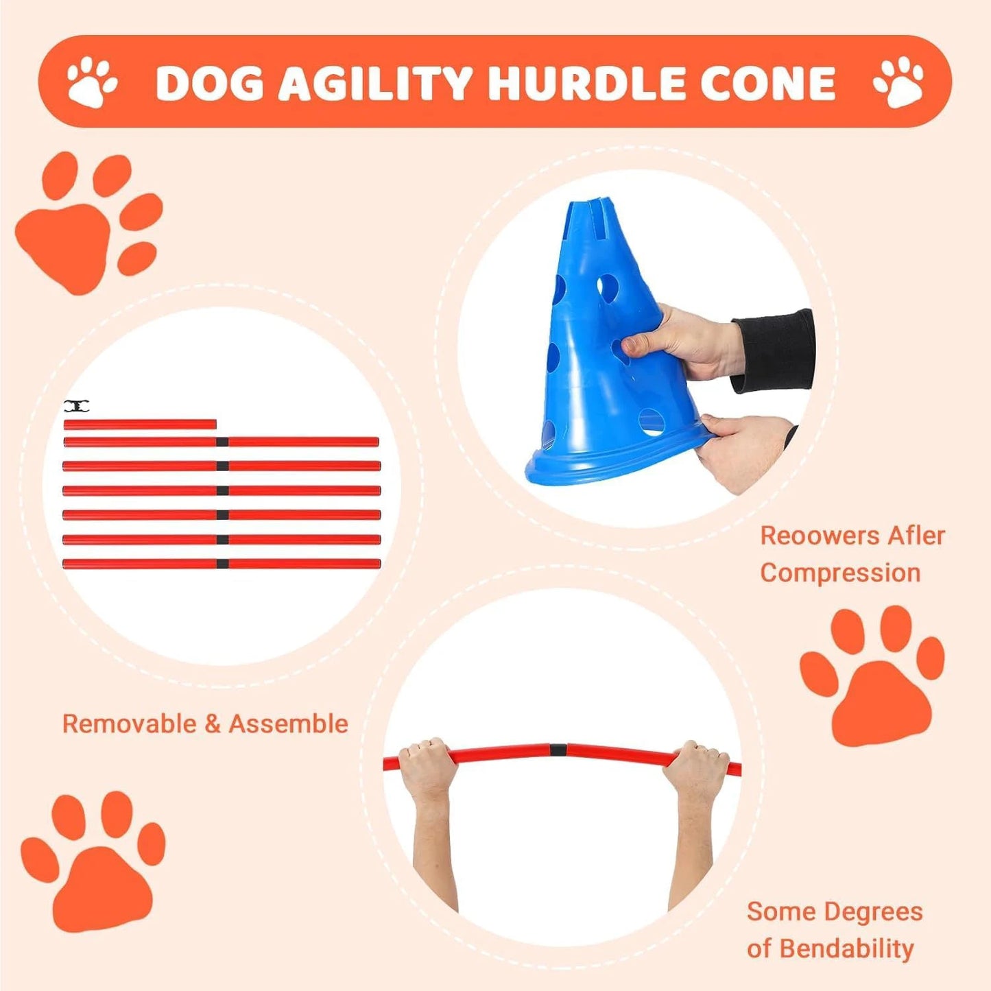 Dog Agility Hurdle Cone Set Dog Agility Course Set with 12 Cones 6 Rods Dog Agile Training Equipment for Outdoor Backyard
