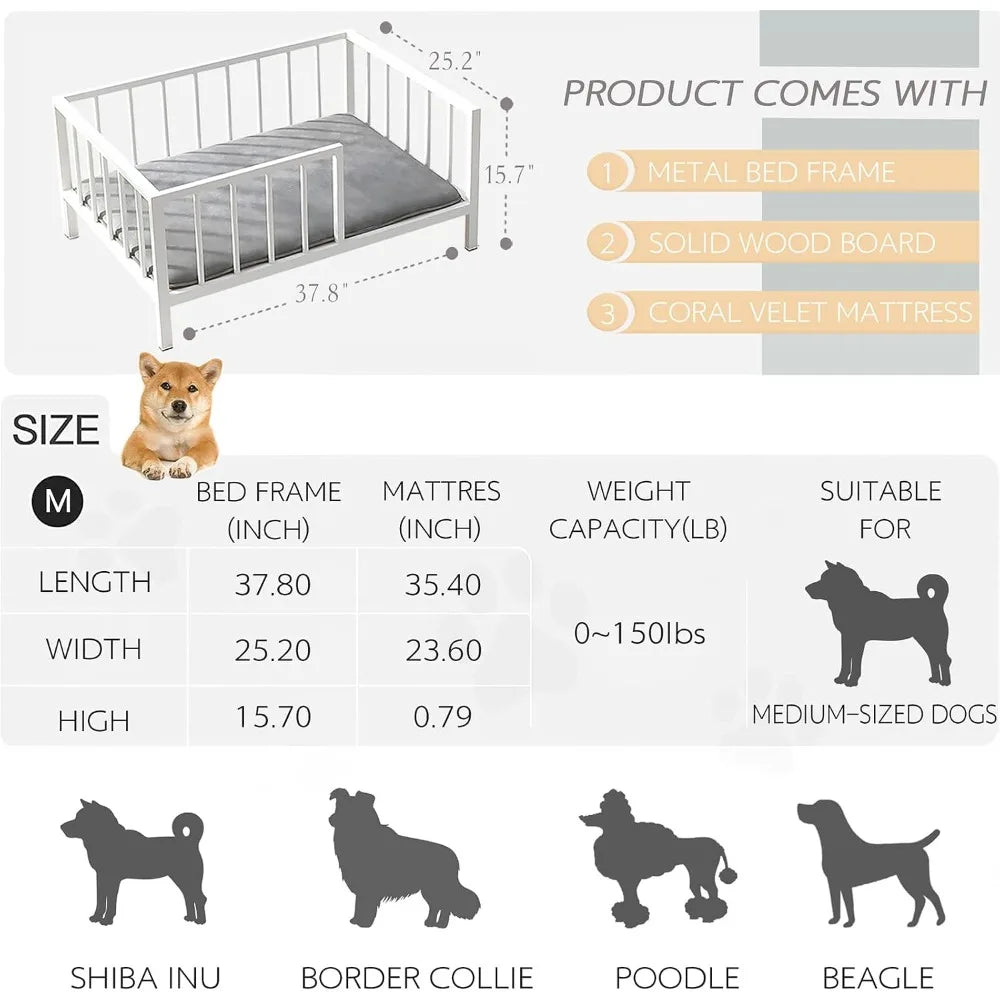 Elevated Dog Bed with Rails, Metal Frame & Solid Wood, Washable Mat, Medium 25.2x37.8 in, White